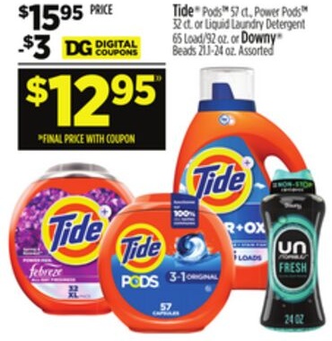 Tide® Pods™ 57 ct., Power Pods™ 52 ct. or Liquid Laundry Detergent 65 Load/92 oz. or Downy® Beads 213-24 oz. Assorted