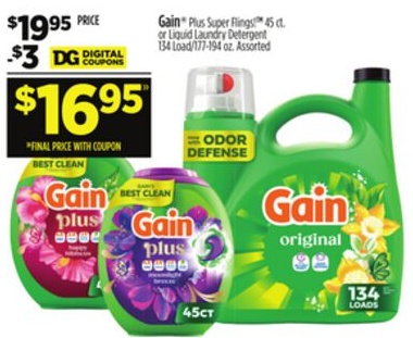 Gain® Plus Super Flings!TM 45 ct. or Liquid Laundry Detergent 134 Load/177-194 oz.