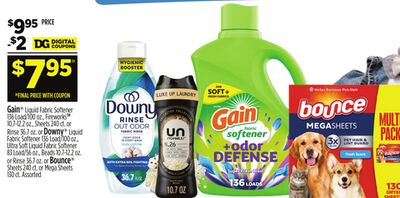 Gain® Liquid Fabric Softener 136 Load/100 oz., FireworksTM 10.7-12.2 oz., Sheets 240 ct. or Rinse 36.7 oz. or Downy® Liquid Fabric Softener 136 Load/100 oz., Ultra Soft Liquid Fabric Softener 83 Load/56 oz., Beads 10.7-12.2 oz. or Rinse 36.7 oz.