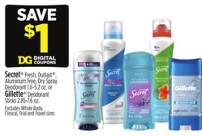 Secret® Fresh, Outlast® Aluminum Free Dry Spray Deodorant 16-5.2 oz., or Gillette® Deodorant Sticks 2.85-7.6 oz.