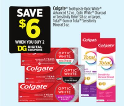 Colgate® Toothpaste Optic White® Advanced 3.2 oz., Optic White® Charcoal or Sensitivity Relief 3.8 oz. or Larger, Total® Gum or Total® Sensitivity Mineral 3 oz.