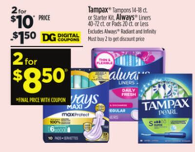 Tampax® Tampons 14-18 ct. or Starter Kit, Always® Liners 40-72 ct. or Pads 20 ct. or Less