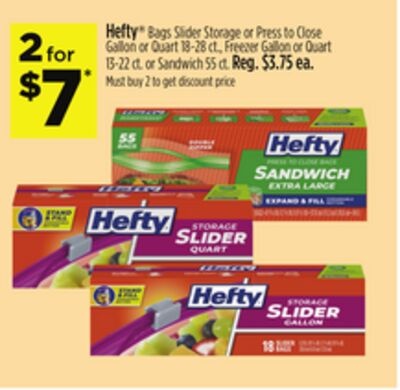 Hefty®Bags Slider Storage or Press to Close Gallon or Quart 18-28 ct., Freezer Gallon or Quart 13-22 ct. or Sandwich 55 ct.