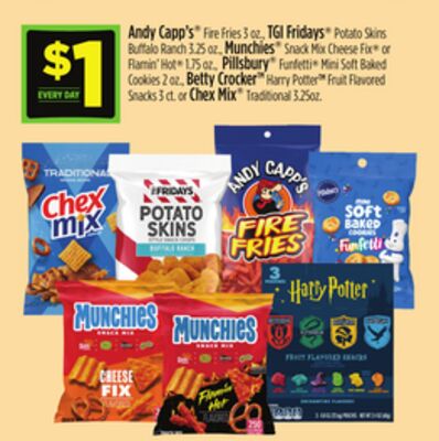 Andy Capp's®Fire Fries 3 oz., TGI Fridays®Potato Skins Buffalo Ranch 3.25 oz., Munchies®Snack Mix Cheese Fix® or Flamin' Hot® 1.75 oz., Pillsbury®Funfetti® Mini Soft Baked Cookies 2 oz., Betty Crocker Harry Potter Fruit Flavored Snacks 3 ct.