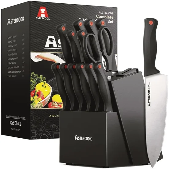 Astercook Knife set, 15-Piece Kitchen Knife Set with Built-in Sharpener, High Carbon German Stainless Steel Knives Block Sets, Ultra Sharp & Rust Resistant, Dishwasher Safe