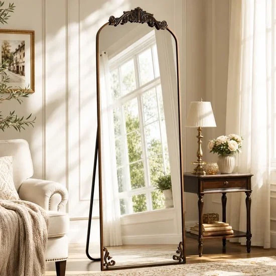 BEAUTYPEAK 66"x21" Arched Full Length Mirror Metal Vintage Mirror Baroque Style,Antique Bronze