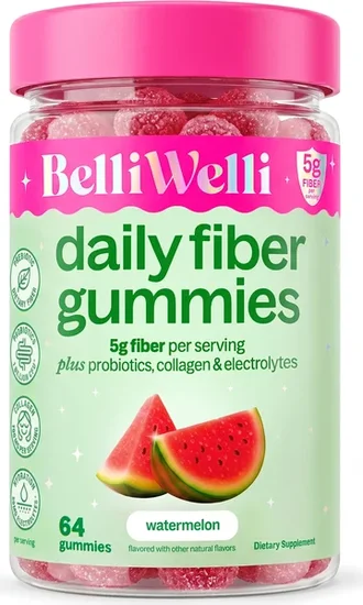 BelliWelli Daily Fiber Gummy Supplement with Probiotics, and Collagen - Watermelon 64 Count