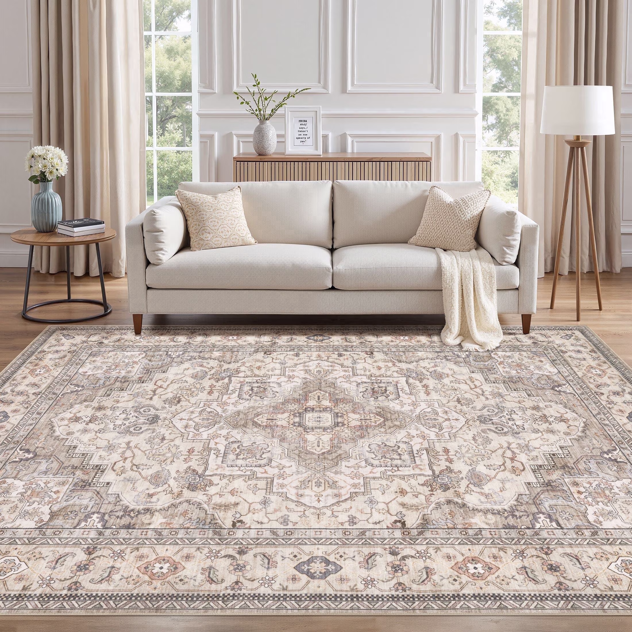 UERMEI 8'x10' Washable Area Rugs for Living Room, Vintage Floral Boho Printed Carpet, Non Slip Indoor Rug for Bedroom Home Decor Carpets - Brown