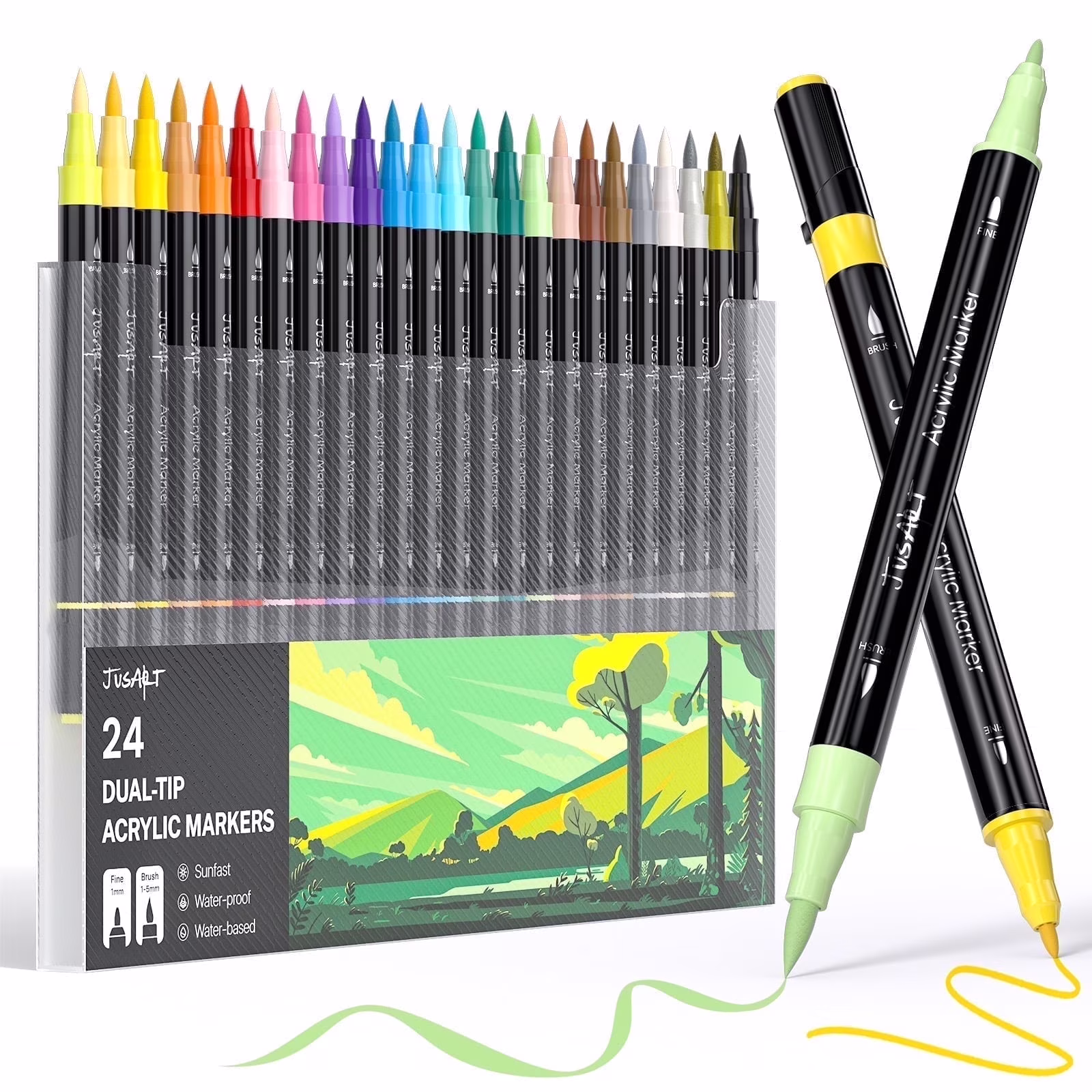 JusArt 48 Colors Acrylic Paint Markers Set with Canvas Bag, Dual Tips with Brush Tip & Fine Tip, No-Bleed, Waterproof, Non-Toxic & Odorless Paint Pens for Rock, Egg, Wood, Canvas, Ceramic, DIY