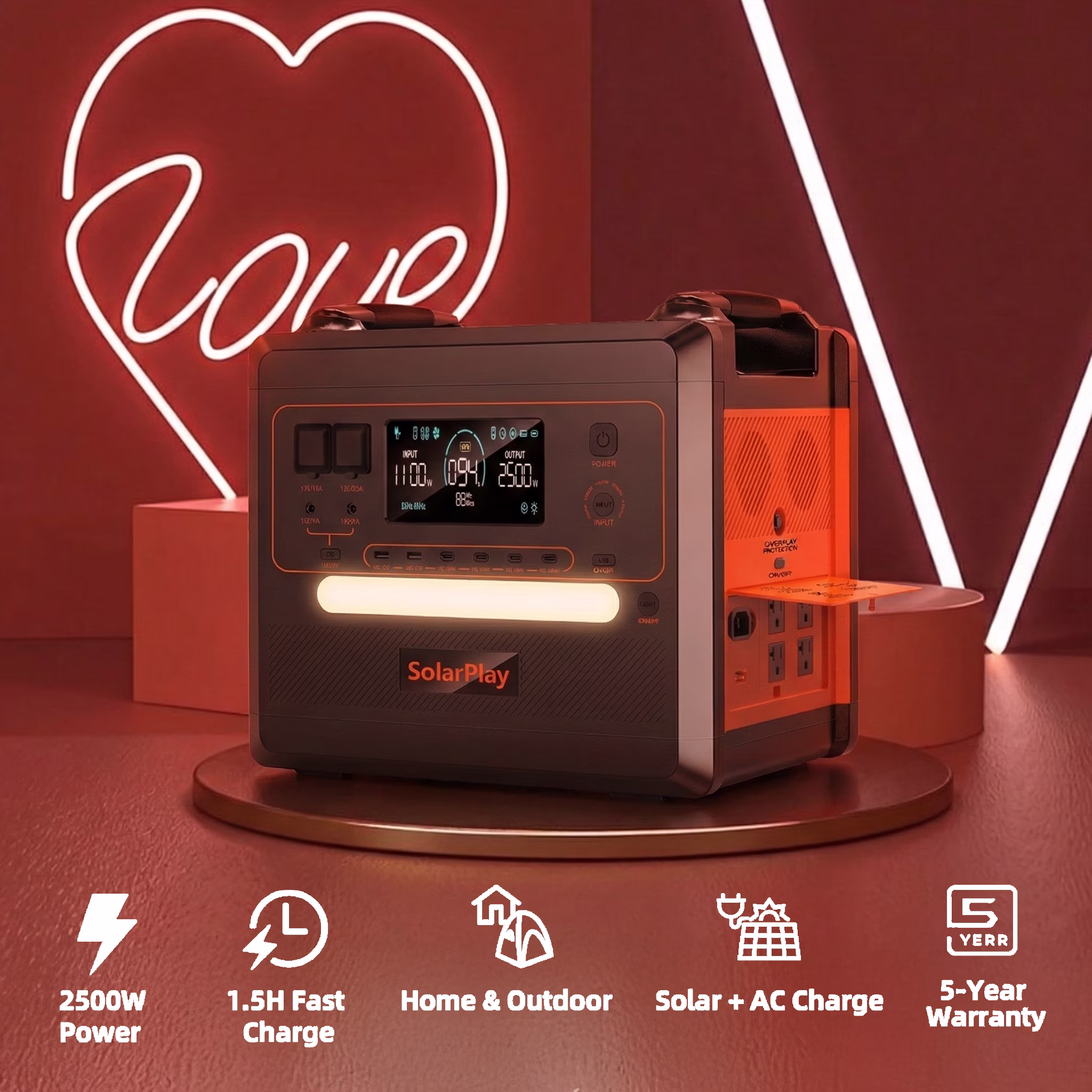 SolarPlay Portable Power Station, 2500W/2304Wh Large Capacity Solar Generator, with 400W Solar Panel, 4 AC Outlets (5000W Peak), Emergency Power Station for Home, Camping, Outdoor Battery Backup