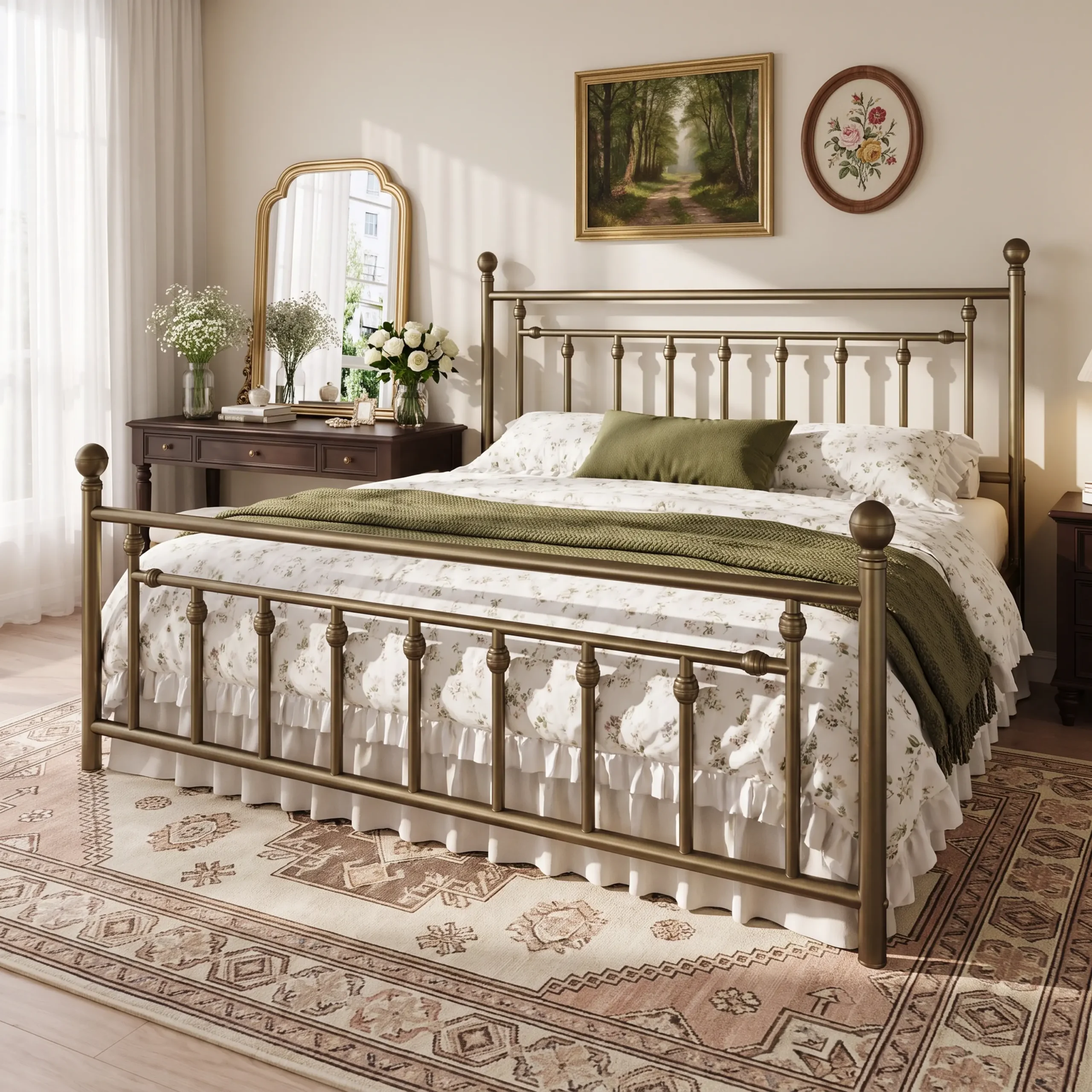 Amolife Queen Bed Frame, Metal Platform Bed Frame with Vintage Pattern Headboard, Black