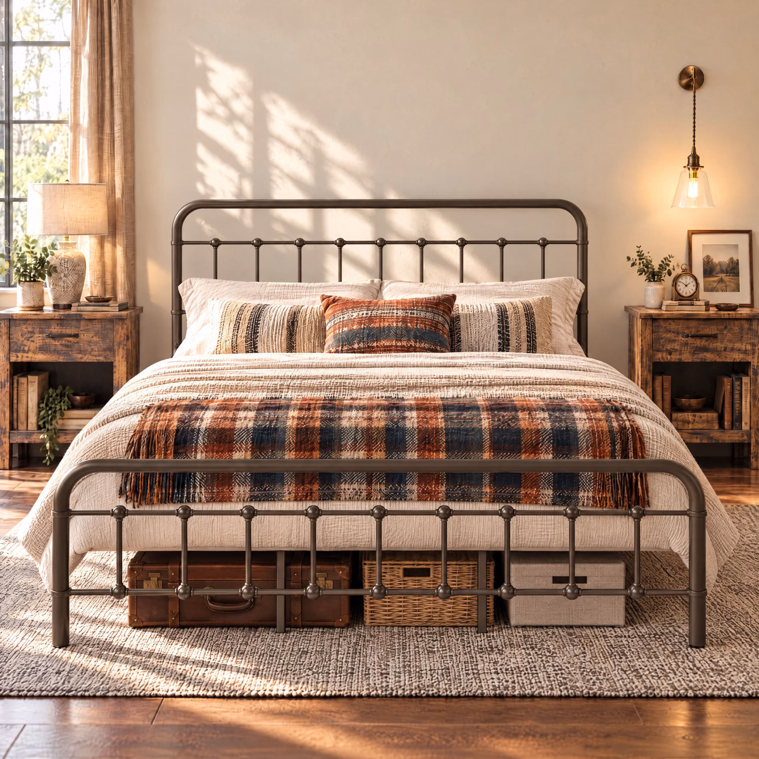 Amolife Queen Size Metal Platform Bed Frame with Vintage Headboard & 12.6