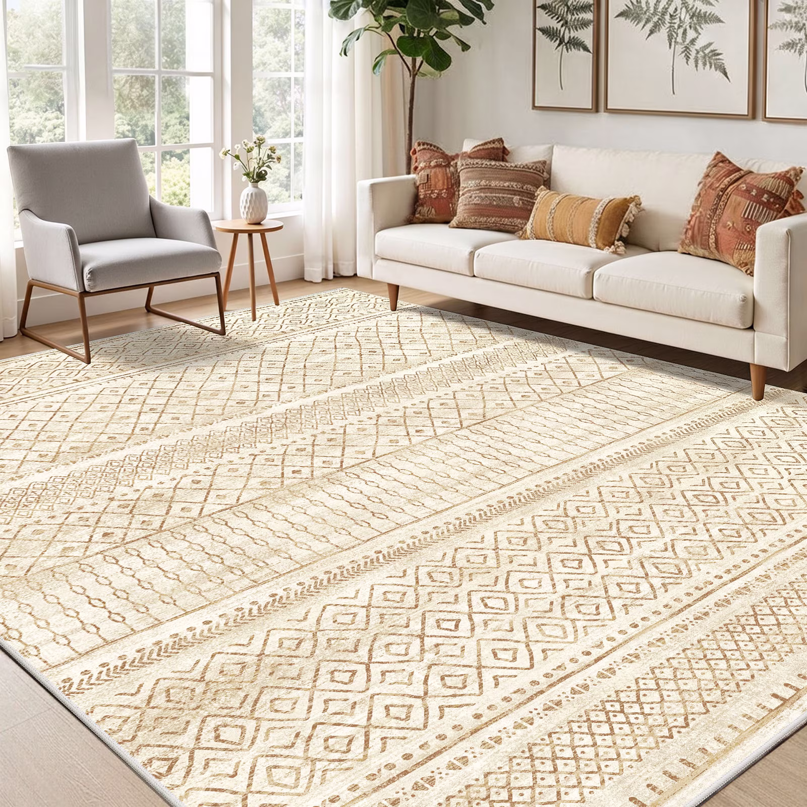 CHITOOMA 8'x10' Area Rugs for Living Room, Washable Rugs Printed Boho Soft Geometric Bohemian Carpet Indoor Rug for Bedroom Dining Room Office Nonslip Foldable Rug