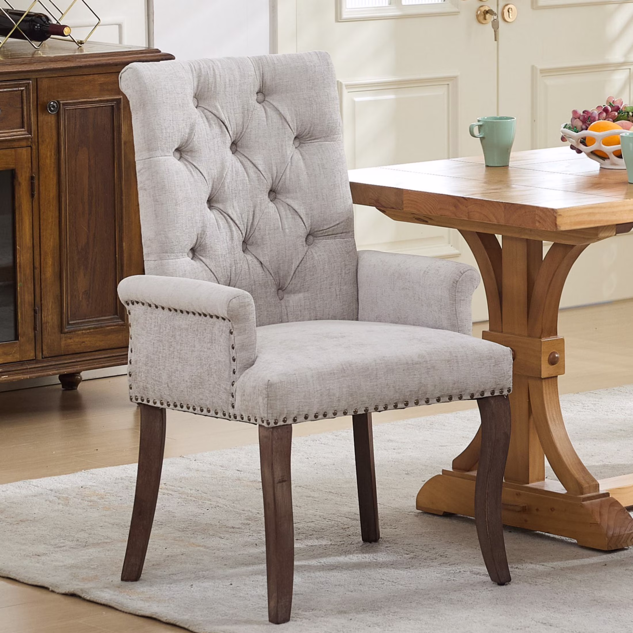 PAPROOS Upholstered Dining Chairs Set of 4, Beige Chenille Dining Room Chairs with Arms, Button-Tufted High Back, Nailhead Trim, Solid Wood Legs, Modern Farmhouse Kitchen Chairs