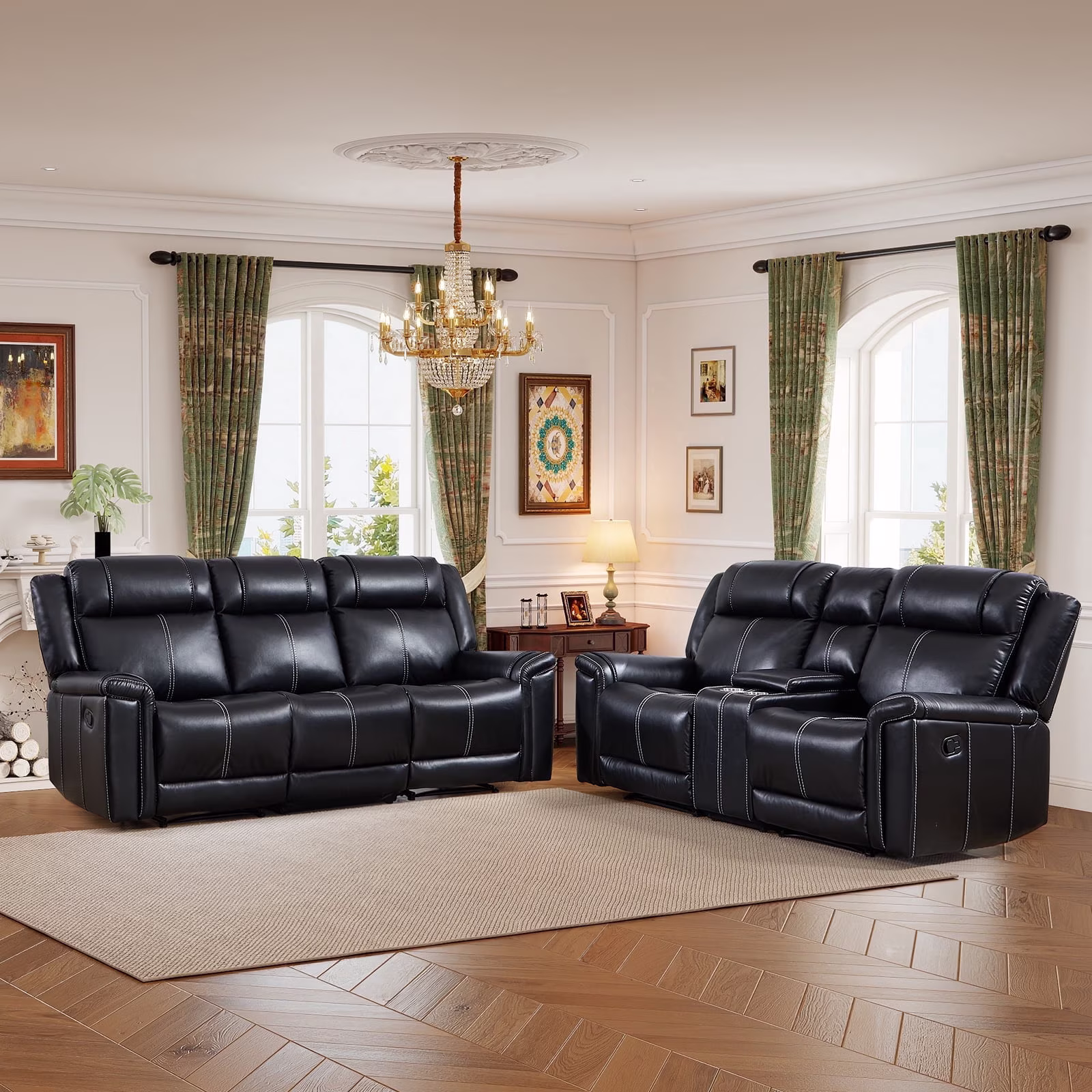 Ebello Faux Leather Manual Reclining Loveseat, Mid-Century Modern 2-Seater Sofa with Cup Holders and Storage Space for Living Room, Home Theater, Brown