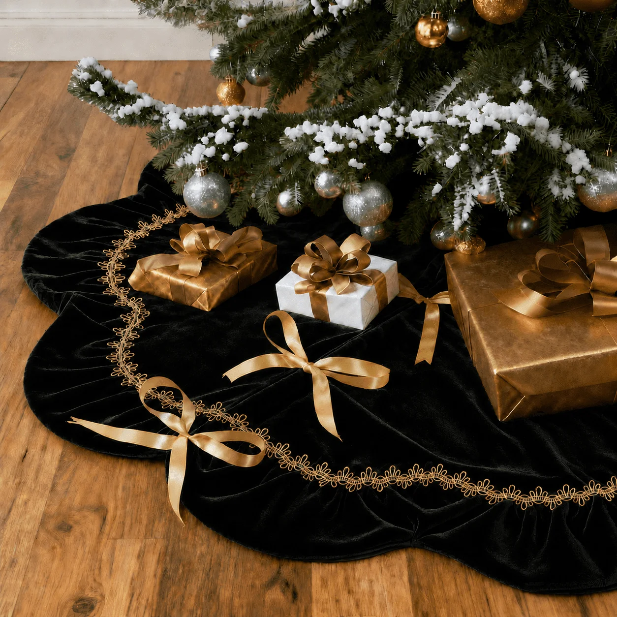 Inadays Christmas Tree Skirt Luxury Velvet Plush Rustic Xmas Indoor Holiday Decorations Home Fur Scallop Tree Skirt Sparking Gold Lace Trim 36'' Red