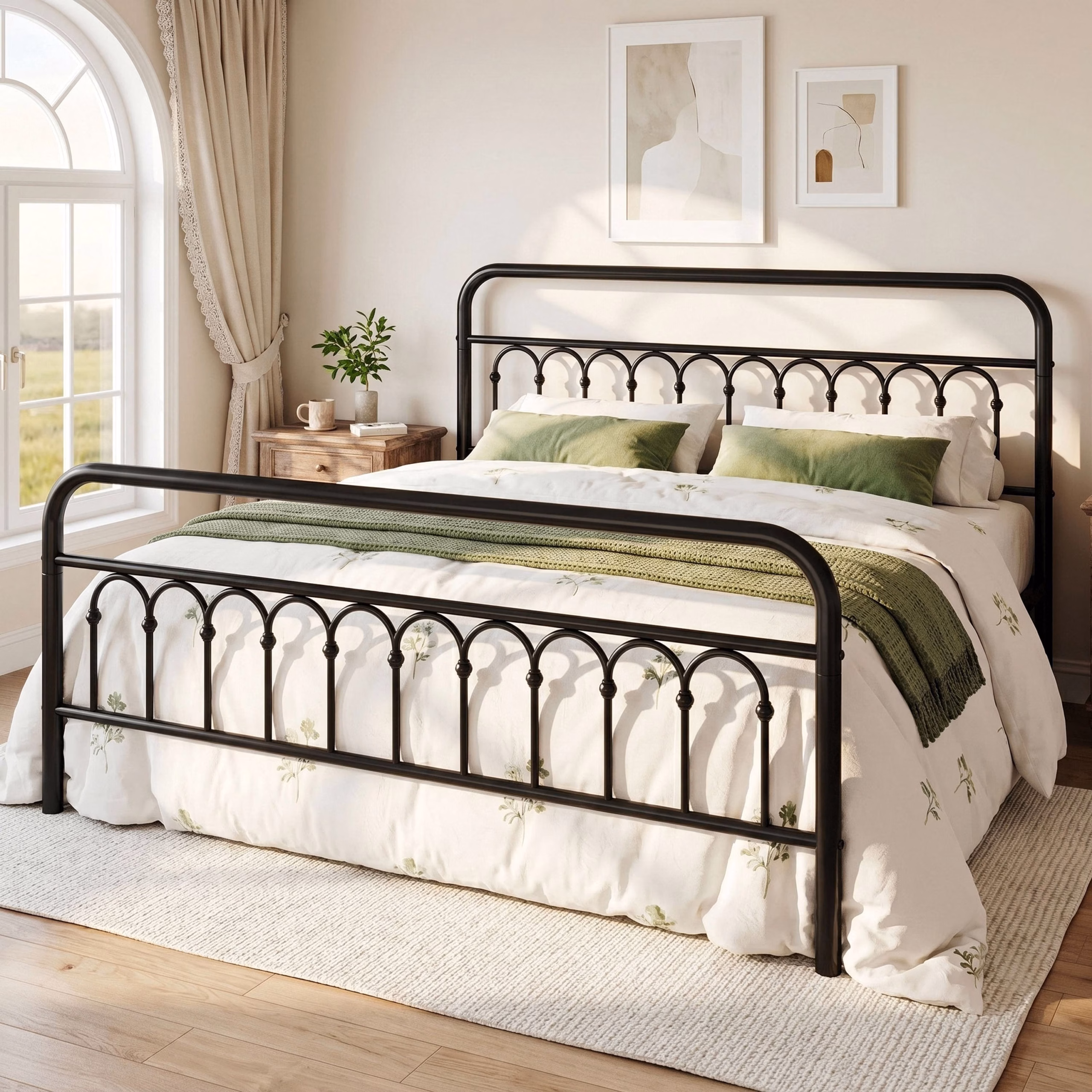 Amolife Queen Bed Frame, Metal Platform Bed with Vintage Curved Iron-Art Headboard, Easy Assembly, White