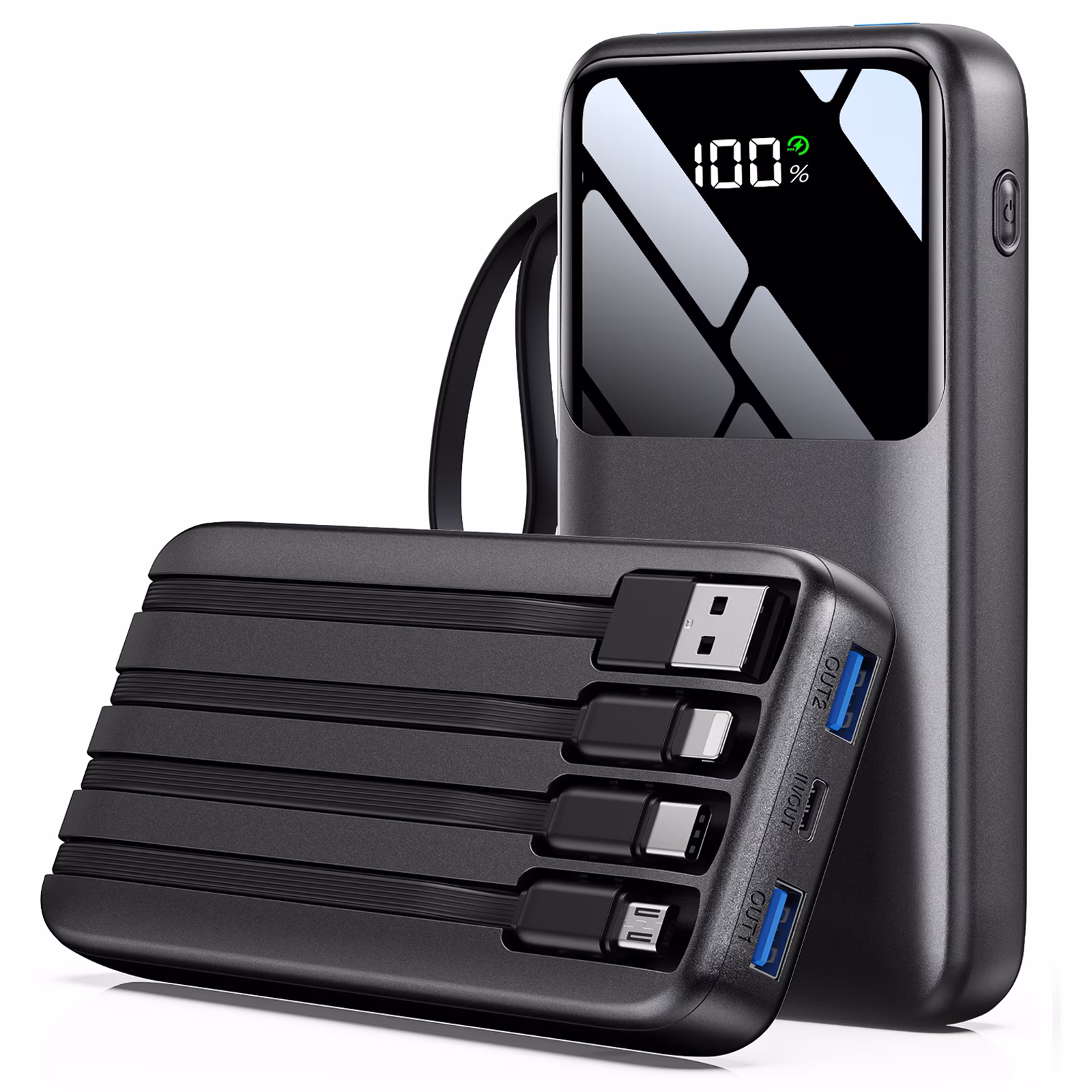 Power Bank, 15000mAh Portable Charger with Built in Cable, 22.5W Fast Charging, 6 Outputs, Slim Travel Essential Battery Pack with LED Display, Compatible with iPhone 17/16/15/14/13, Samsung, iPad