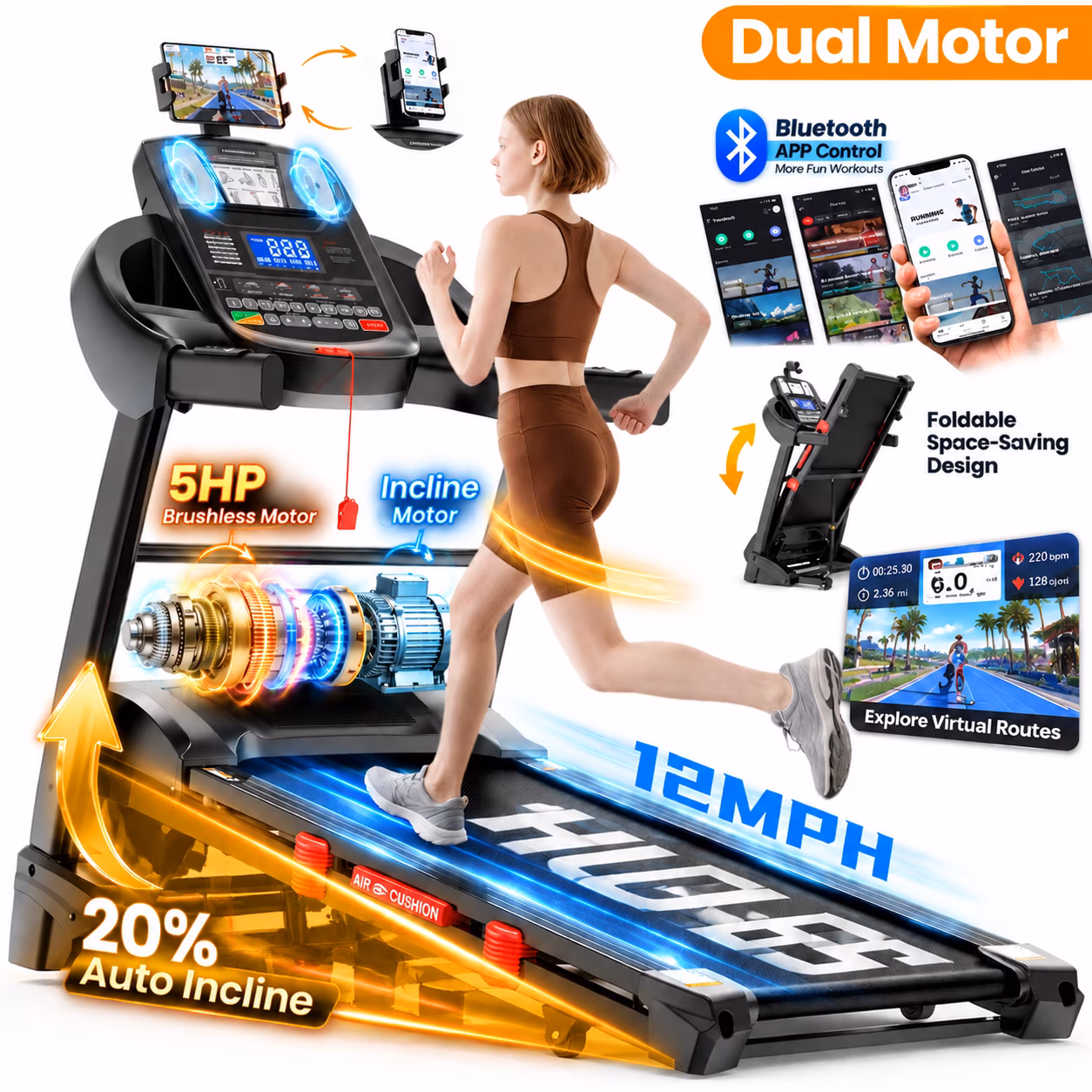 Dual Motor 5.1HP Folding Electric Treadmill for Home, Durable Running Machine with 20% Auto Incline, 400LBS Capacity, Bluetooth & APP Control, Quiet Compact Walking Pad Treadmill