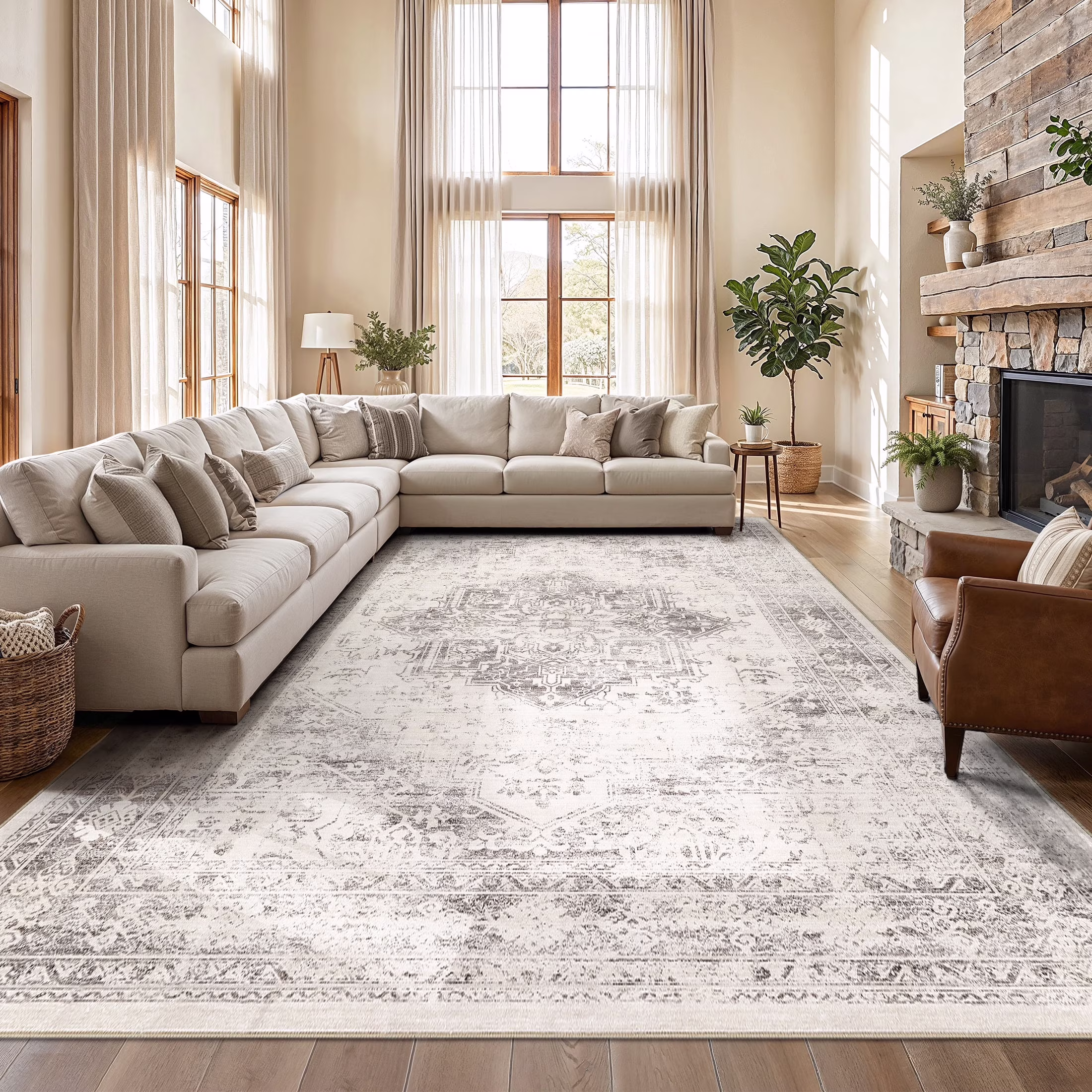 UERMEI 8x10 Washable Area Rugs for Living Room, Modern Vintage Printed Rug, Vacuum-Friendly, Non Slip Indoor Rug for Bedroom Dining Room Home Decor Carpet, Blue