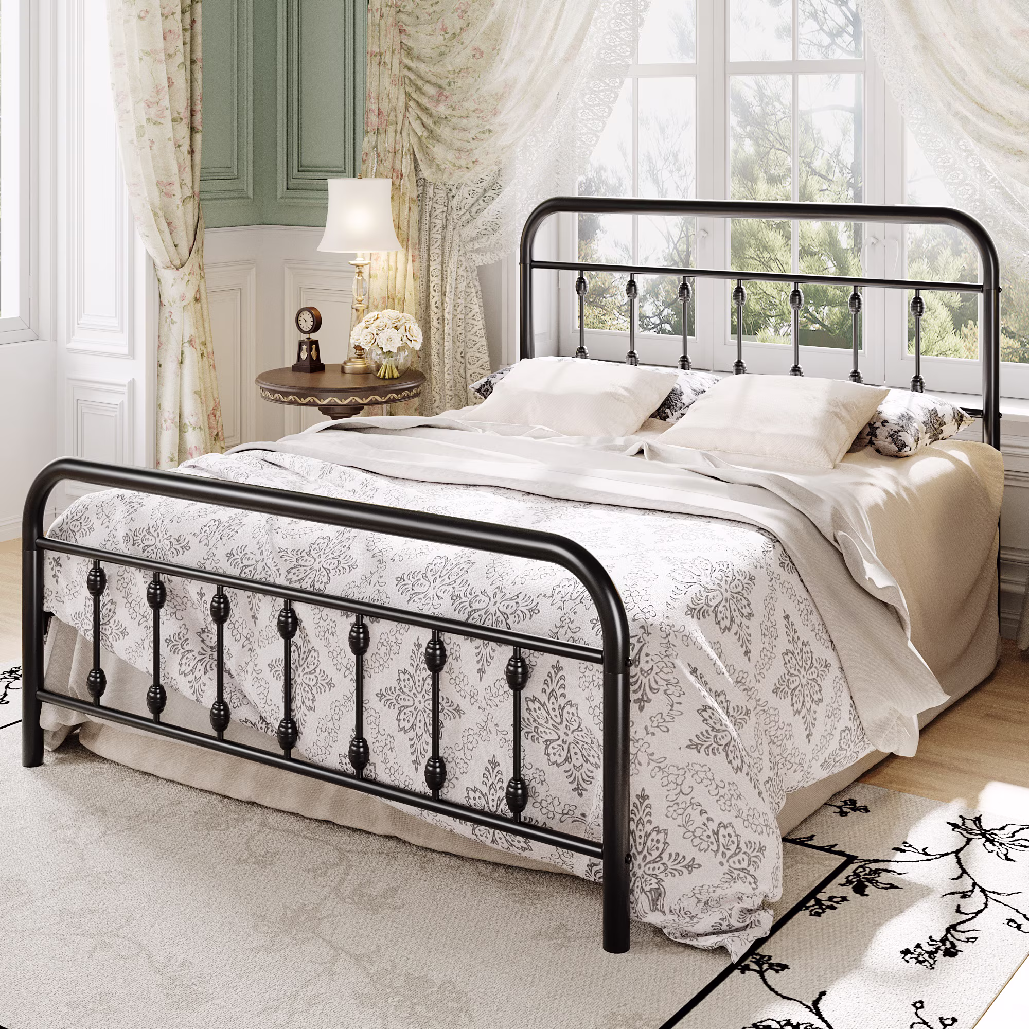 Einfach King Bed Frame, Metal Platform Bed with Vintage Headboard, No Box Spring Needed, Heavy Duty, Black