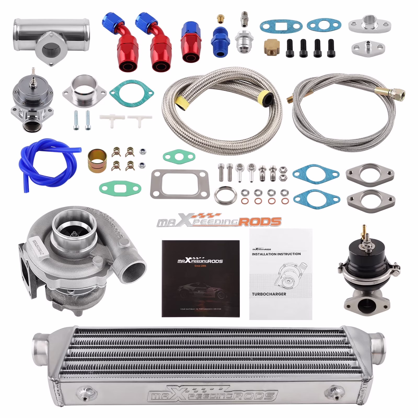 maXpeedingrods T04E T3 T4 Turbo Turbocharger Kit 400HP with Wastegate + Oil Feed Return Line Kit