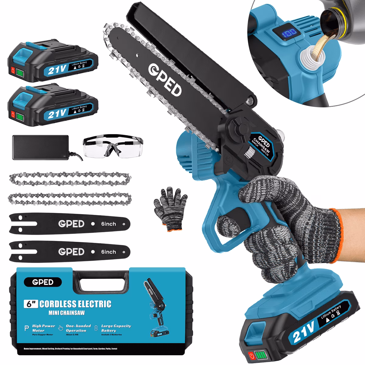 GPED Mini Chainsaw Cordless 6 inch with 2 Battery, Mini Power Chain Saw with Security Lock, Electric Chainsaw, Handheld Small Chainsaw for Tree Trimming Wood Cutting, Orange