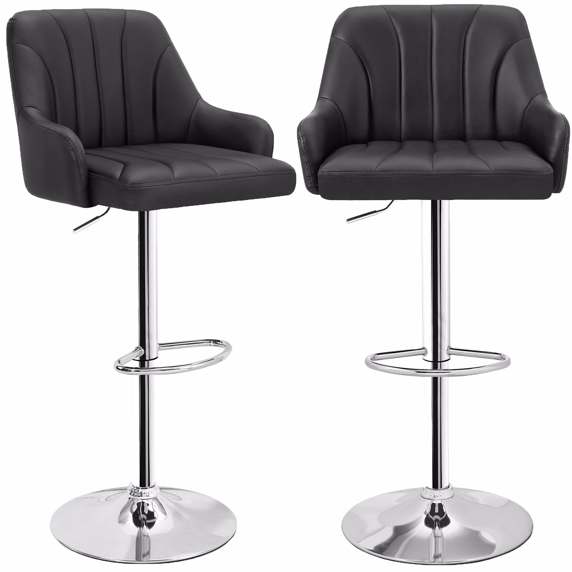VECELO Set of 4 Bar Stools, Faux Leather Adjustable Swivel Counter Height Barstools with Backrest and Armrest, Dark Brown