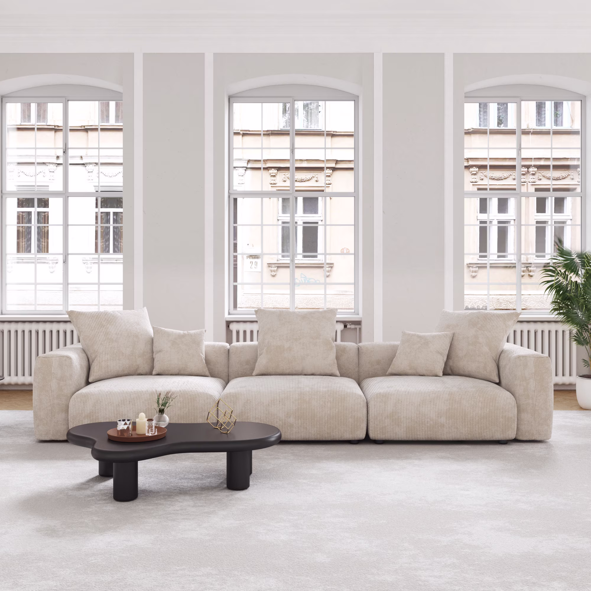 Magic Home Convertible Sectional Sofa Modular Couch,L-Shaped Modern Cozy Corduroy Sofa with Pillows for Living Room,Apartment and Small Space,2-Seat Sofa with One Ottoman,Beige