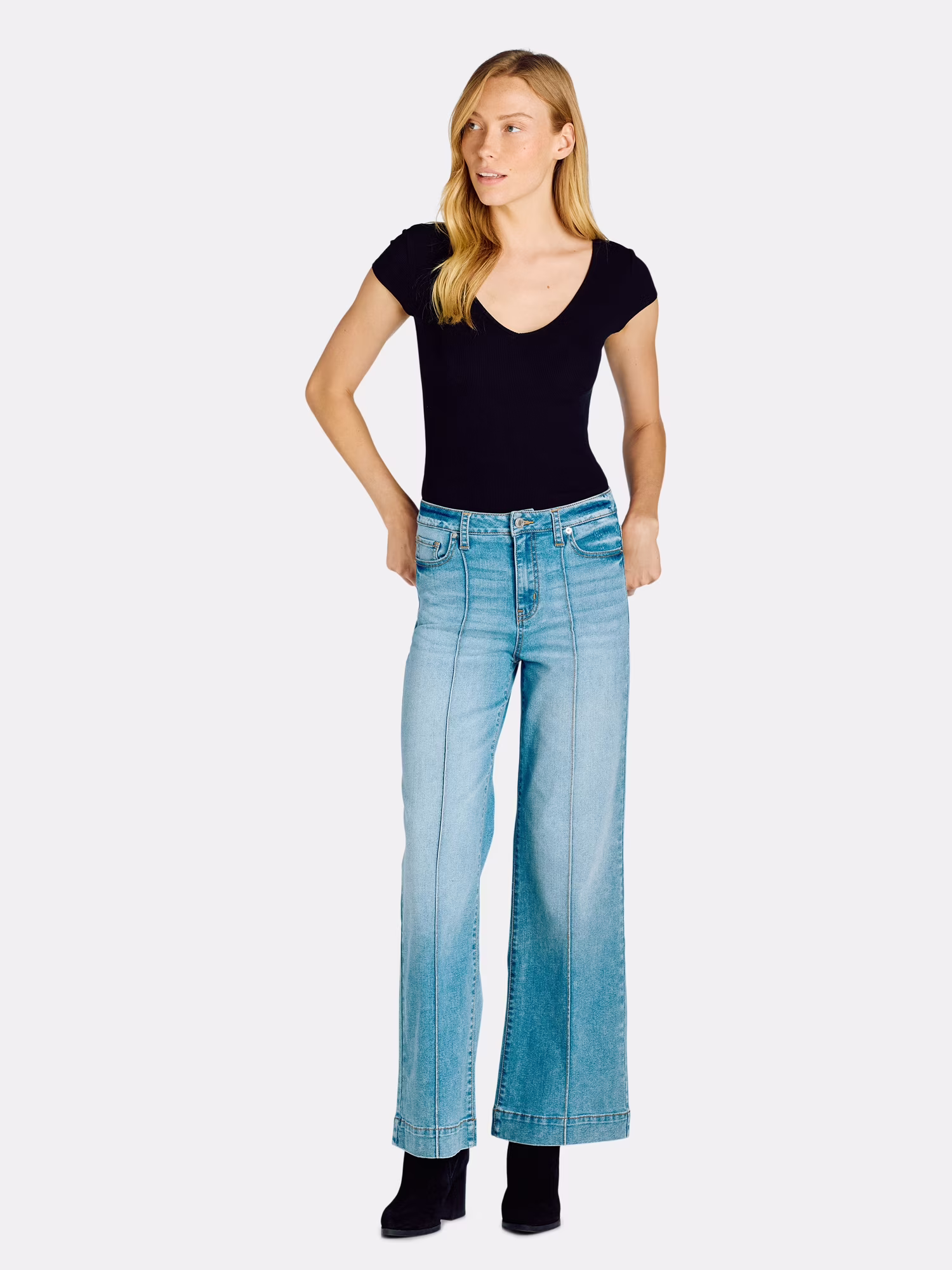 Time and Tru Women's Wide Leg Jeans with Seam Details, Available in Regular, Short, Long Inseams, Sizes 0-22