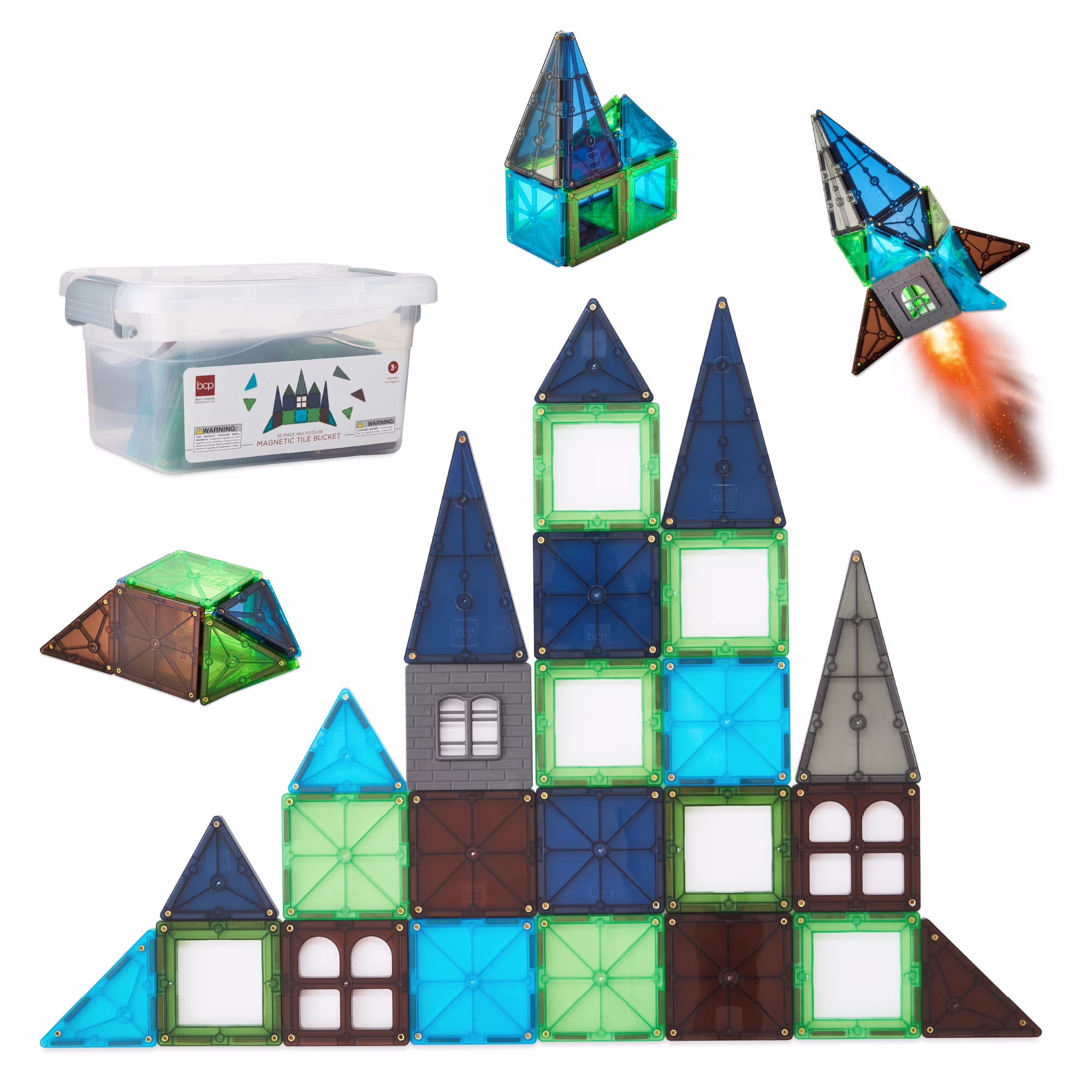 Best Choice Products 32-Piece Kids Magnetic Tiles Set, Educational Building STEM Toy w/ Case - Multicolor