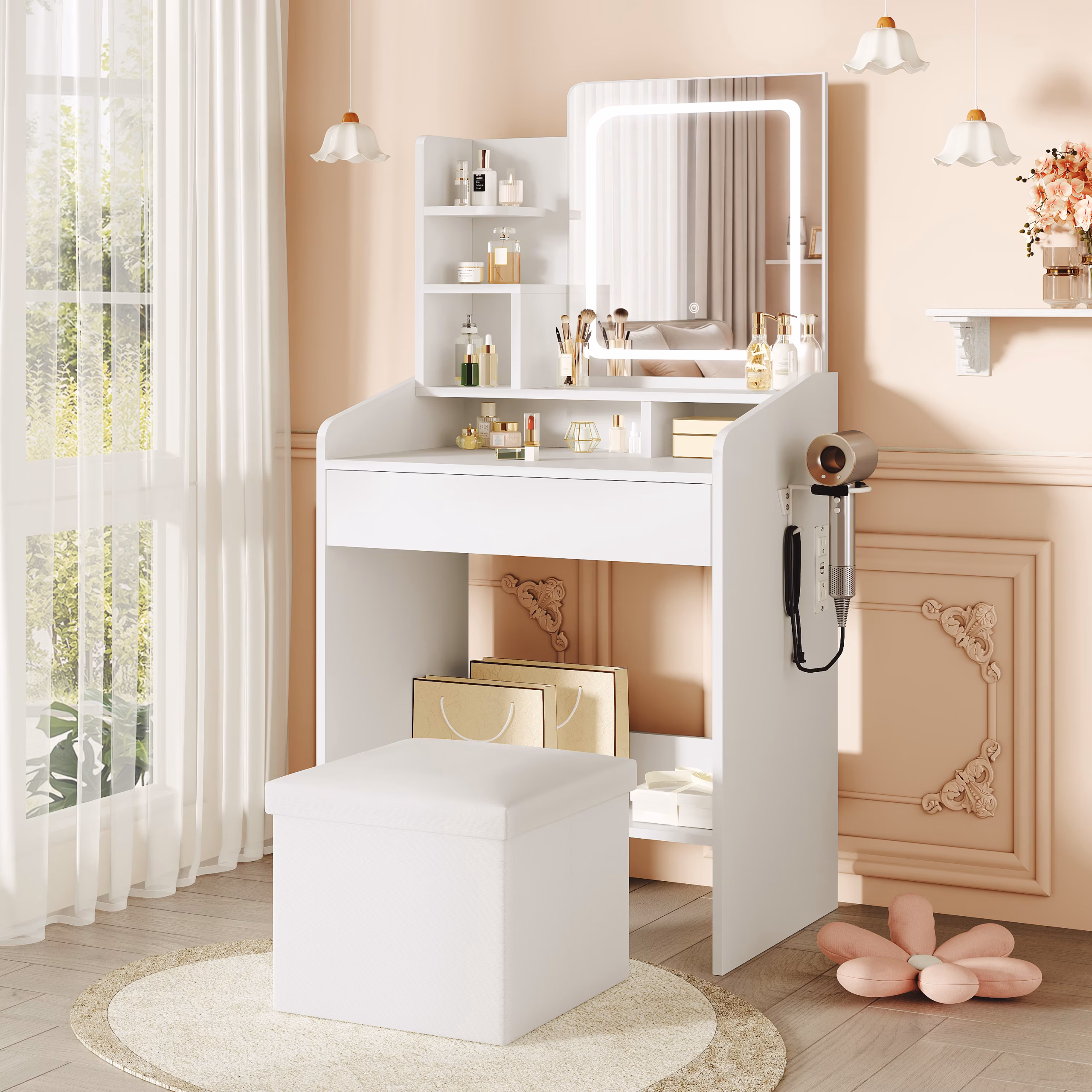 LIVELYGLOW Makeup Vanity Set with Stool, Lighted Mirror, Vanity Desk with 7 Shelves, Large Drawer, Power Outlet & Hairdryer Holder, Vanity Dressing Table Perfect gift for Bedroom - White