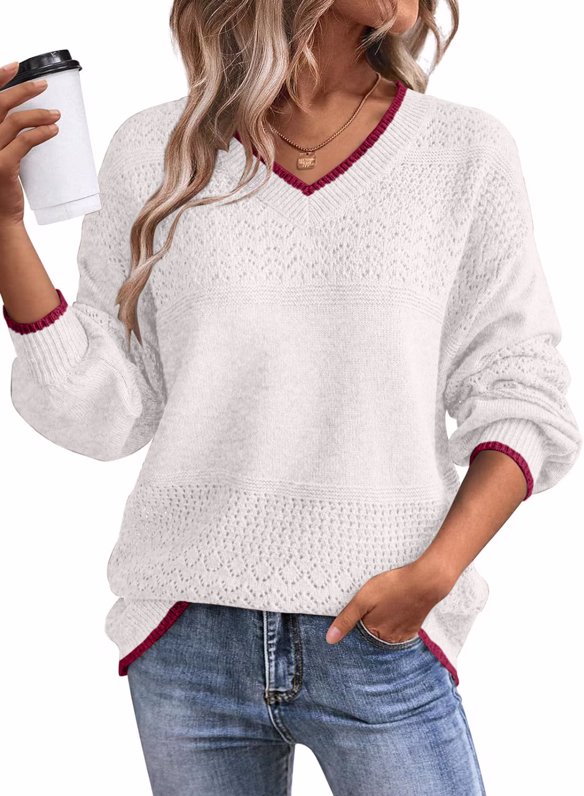 Eytino Sweaters for Women V Neck Sweater Lightweight Crochet Sweater Casual Long Sleeve Hollow Out Knit Sweater Fall Pullover Sweater Tops for Women Oversized Sweaters White M