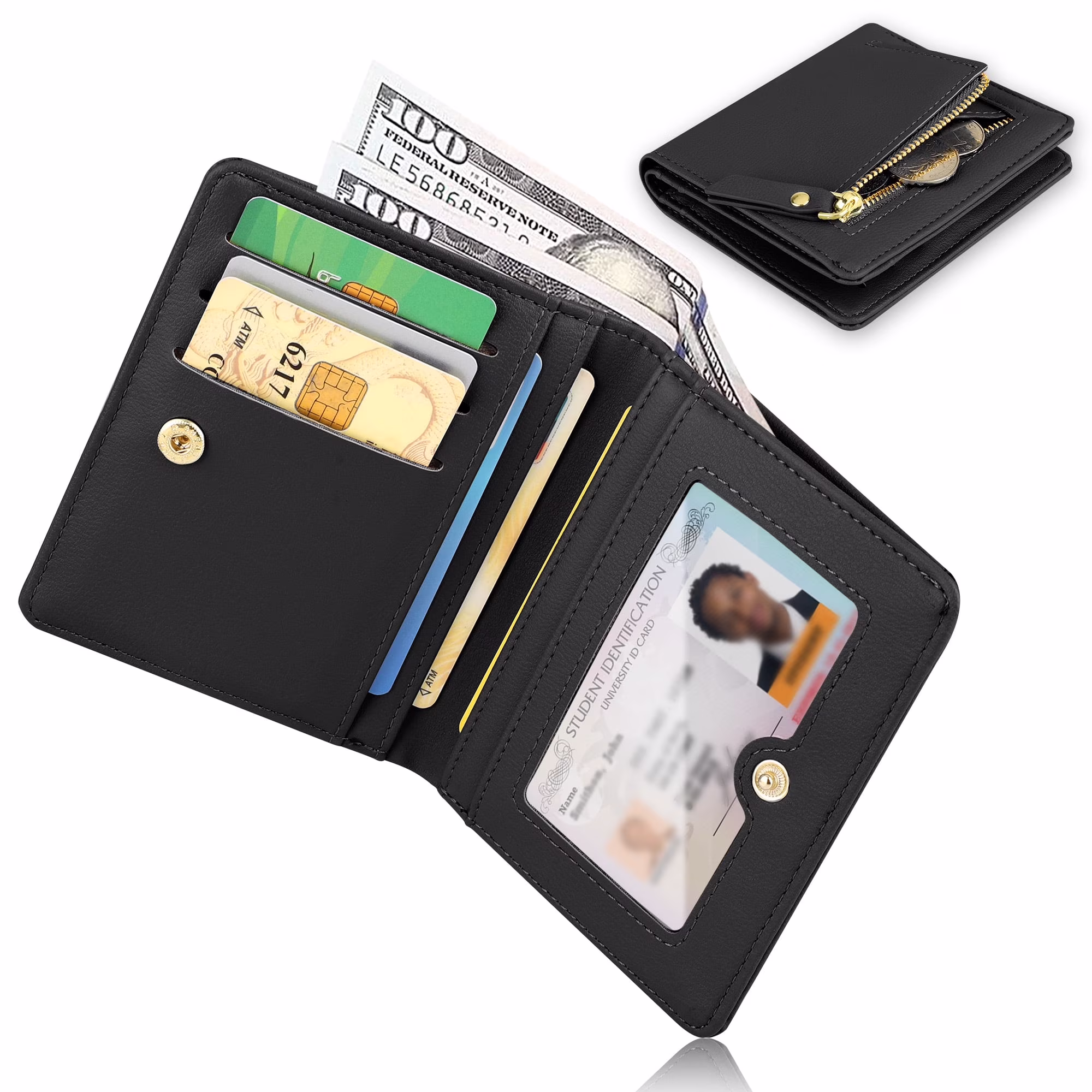 PU Leather Wallet for Women,Short Bifold Purse with Zipper Pocket, Card Holder, Black