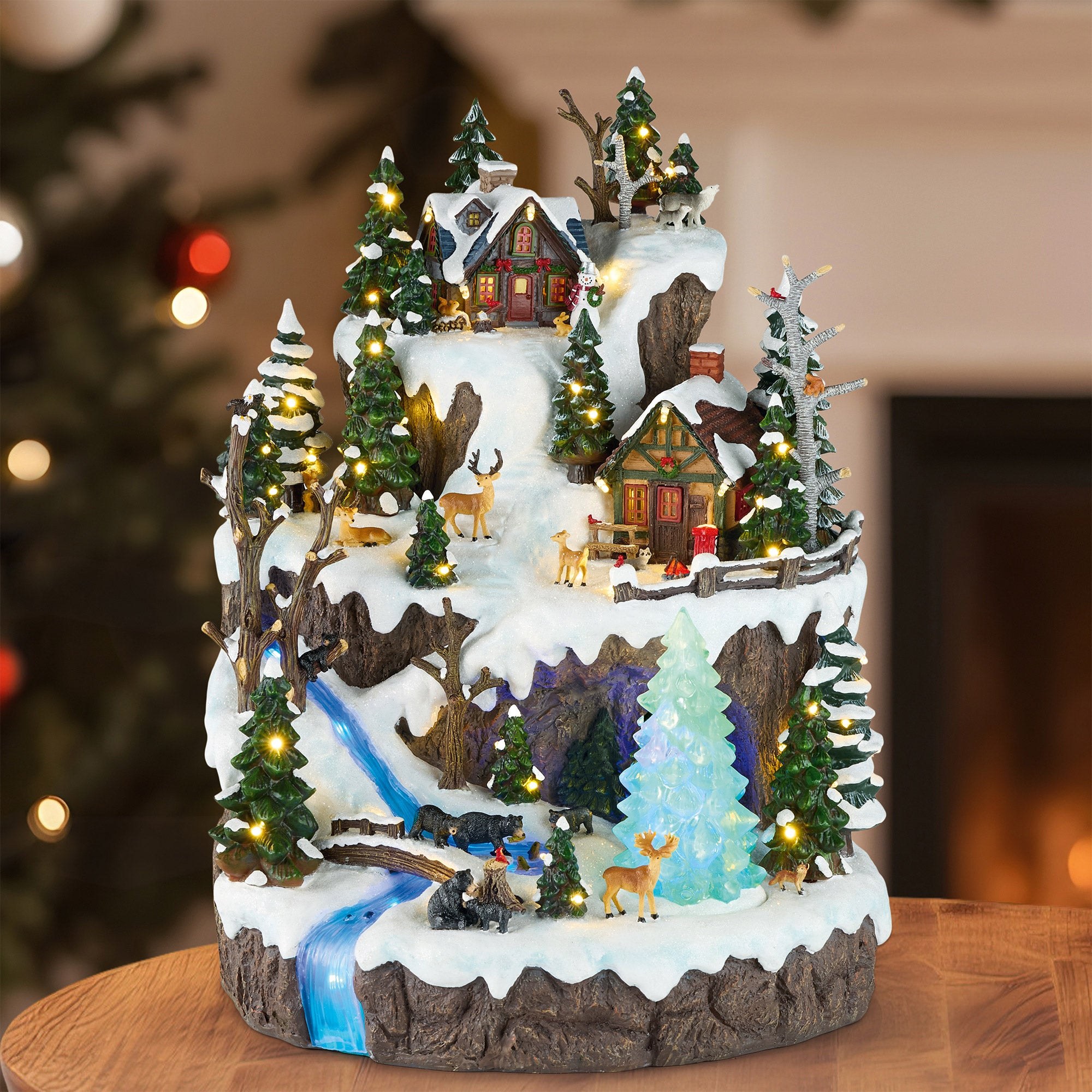 Snowy Woodland Village with Lights and Music