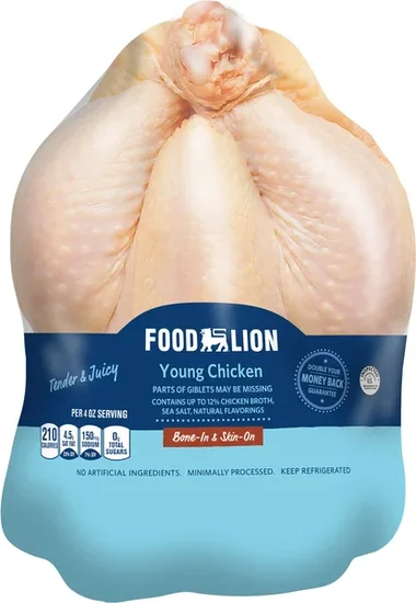 Food Lion Bone-In Skin-On Whole Young Chicken Fresh