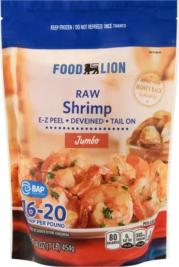 Food Lion Raw Tail-On Jumbo EZ-Peel Shrimp 16-20 ct per lb Frozen