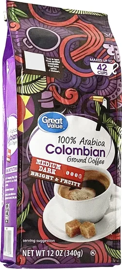 Great Value 100% Arabica Colombian Medium-Dark Roast Ground Coffee, 12 oz, Bag
