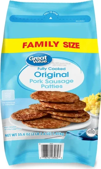 Great Value Fully Cooked Original Frozen Pork Sausage Patties, Family Size, 35.6 oz Bag