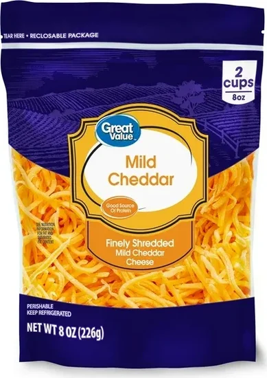 Great Value Mild Cheddar Finely Shredded Cheese, 8 oz Bag