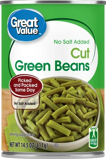 Great Value No Salt Added Cut Green Beans, 14.5 oz
