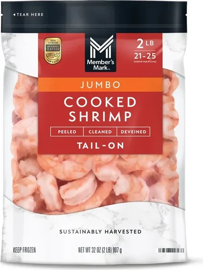 Member's Mark Farm Raised Jumbo Cooked Shrimp, Frozen, 21-25 ct. per pound, 2 lbs.