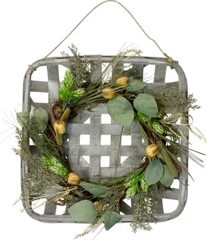 Northlight Small Fall Harvest Hops and Cattail Grapevine Wreath in Wood Basket - 16"