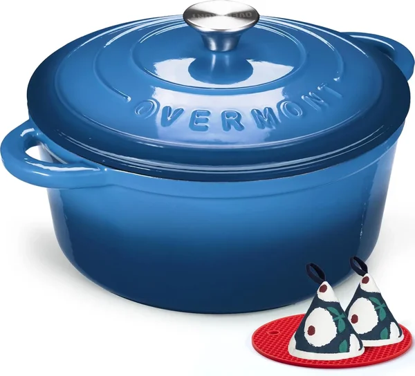 Overmont Refined Enameled Cast Iron Dutch Oven 5.5QT with Lid & Wide Handles, Oven Safe to 500°F, Heavy-Duty Braising Pot with Cookbook & Cotton Potholders for Stews, Roasting, Bread Baking