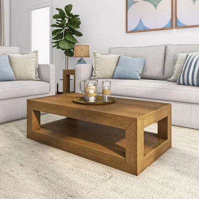 Plank+Beam 48" Modern Rectangular Coffee Table with Shelf, Solid Wood Table with Storage