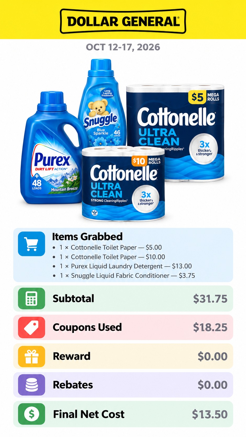 Cottonelle, Purex, and Snuggle Laundry and Paper Goods Deal