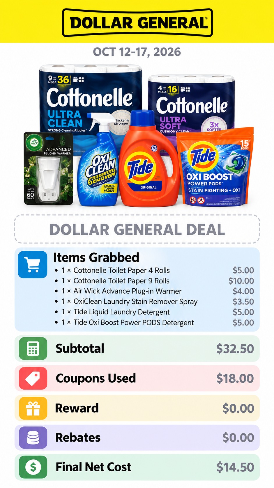 Cottonelle, Air Wick, OxiClean, and Tide Household Essentials
