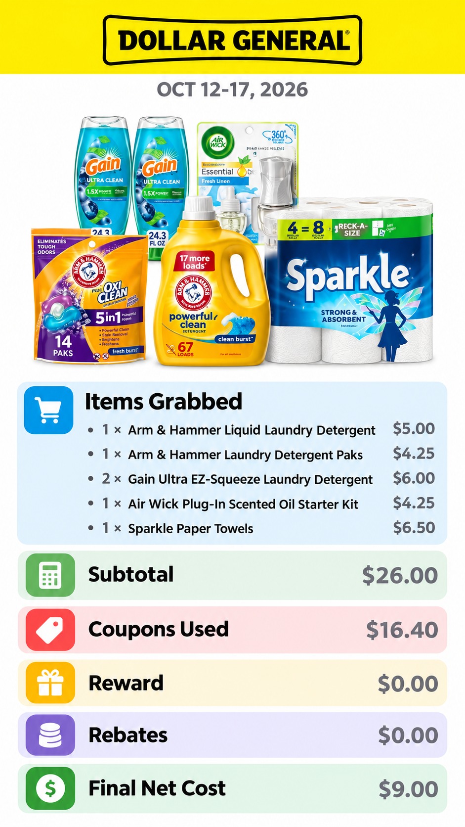 Arm & Hammer, Gain, Air Wick, and Sparkle Household Basket