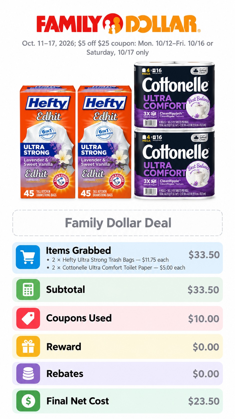 Hefty Trash Bags and Cottonelle Toilet Paper