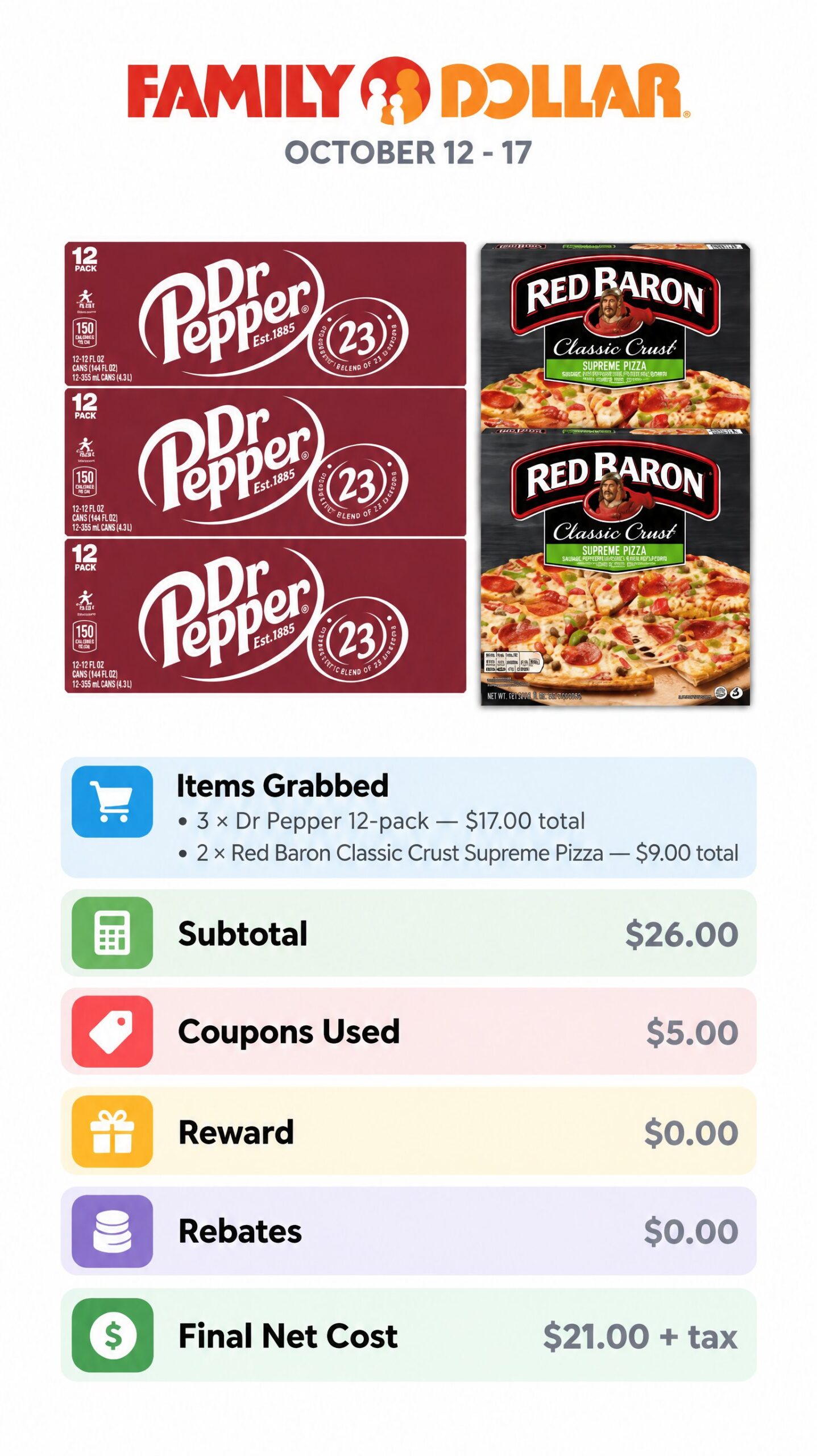Dr Pepper 12-Packs and Red Baron Supreme Pizzas